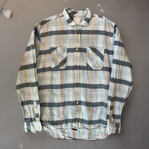 Billy Reid Linen Shirt 2XL Blue Check Collared Button Up Long Sleeve Casual